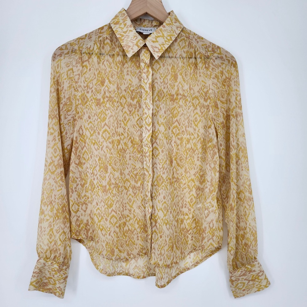 Evereve Womens Sheer Button Front Blouse Top Size XS Yellow Rose Ikat Career
